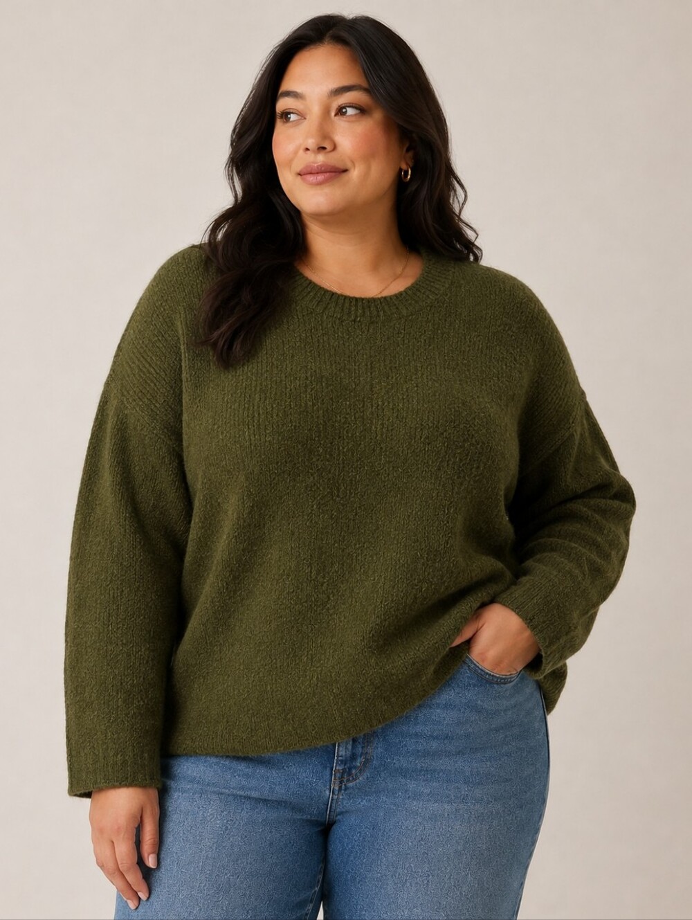 Studio B by Bobeau Olive Cable Sleeve Oversized Sweater 3X Plus Size